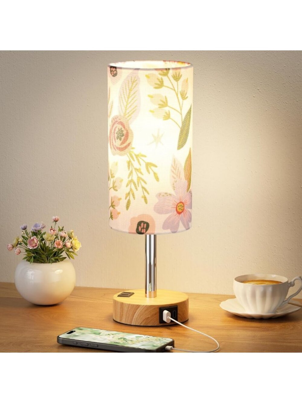 Dimmable Floral Touch Lamp with USB Ports & AC Outlet - Perfect for Bedroom